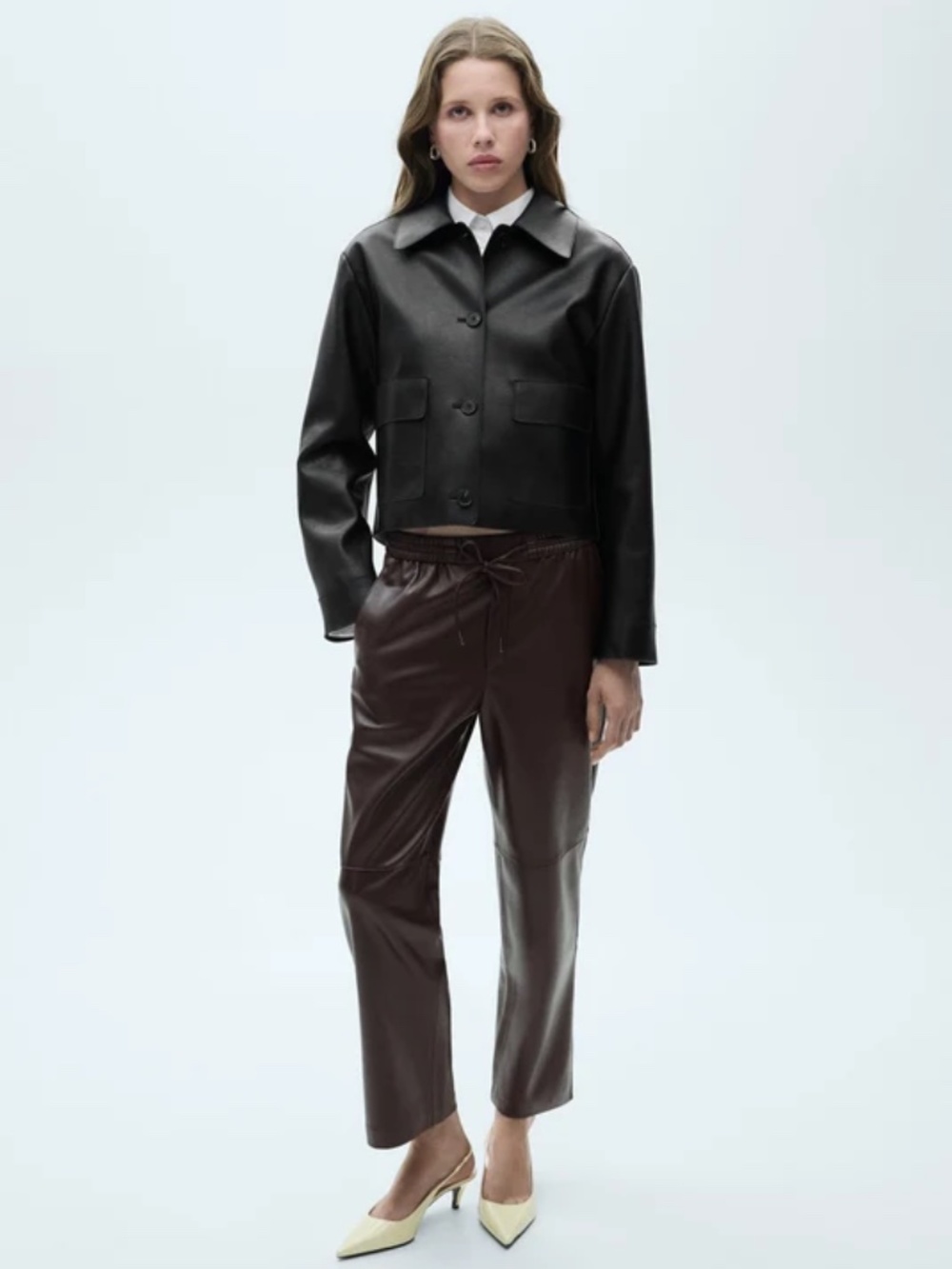 NWT MNG Mango Faux-Leather Trousers with Elastic Waistband Womens XL Brown